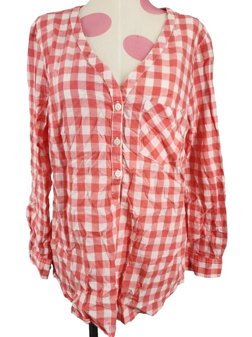 Women's Faded Glory Check Half Button Blouse Shirt Small White Pink 100% Cotton